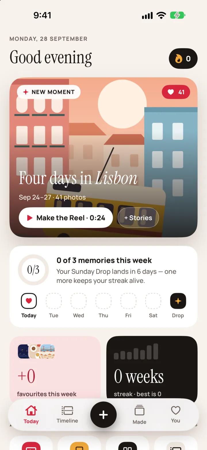 Today screen: a new Moment card, “Four days in Lisbon”, with a Make the Reel button, the weekly goal at 0 of 3 and a streak tile