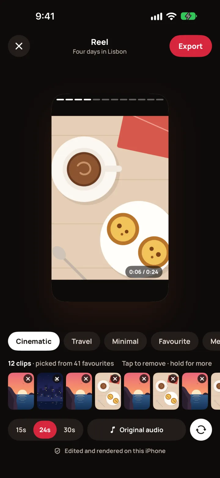 Reel editor: video preview, template chips, a strip of twelve clips, 15, 24 or 30 second lengths and the original-audio setting