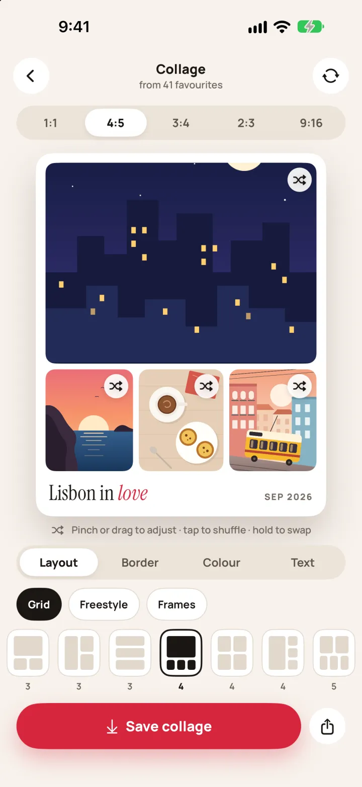 Collage editor: a four-photo 4:5 grid captioned “Lisbon in love”, with layout, border, colour and text tabs