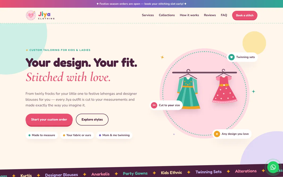 Desktop hero: the headline, buttons to start a custom order or explore styles, and two illustrated outfits on a clothes rail