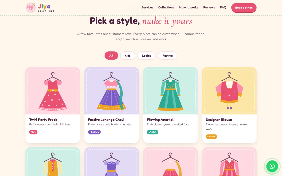 Desktop style gallery: All, Kids, Ladies and Festive filters above the first row of illustrated outfit cards