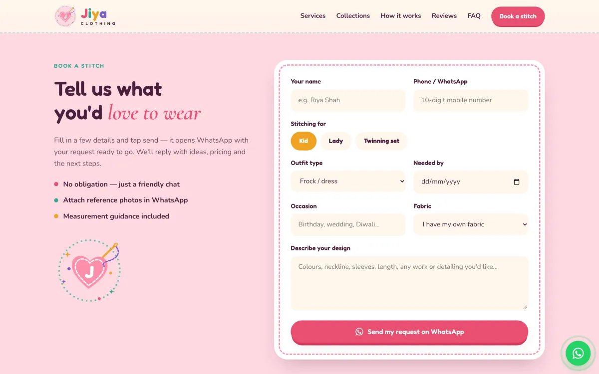 Desktop order form, empty: name, phone, who it’s for, outfit type, date, occasion, fabric and a design description, with a WhatsApp send button