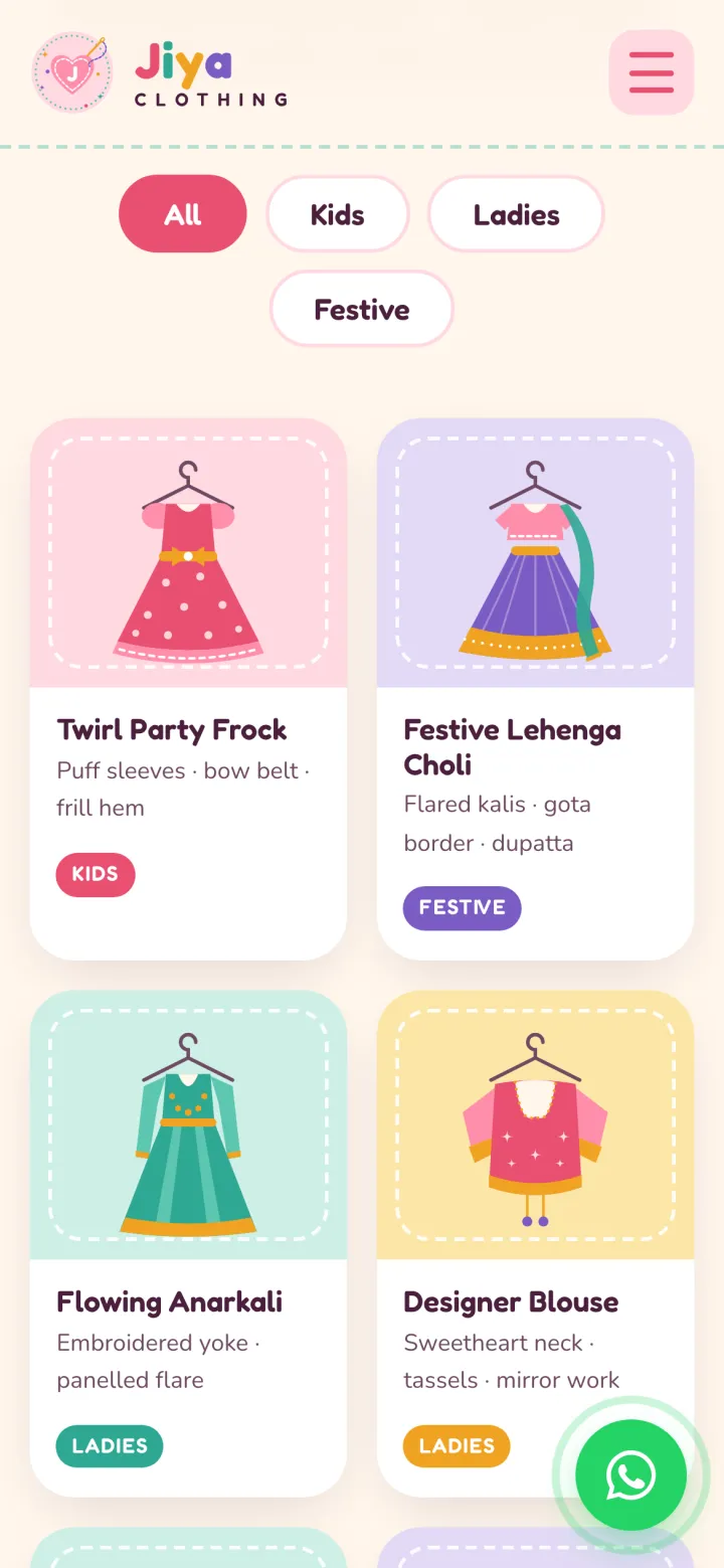 Phone style gallery: filter buttons and a two-column grid of outfit cards