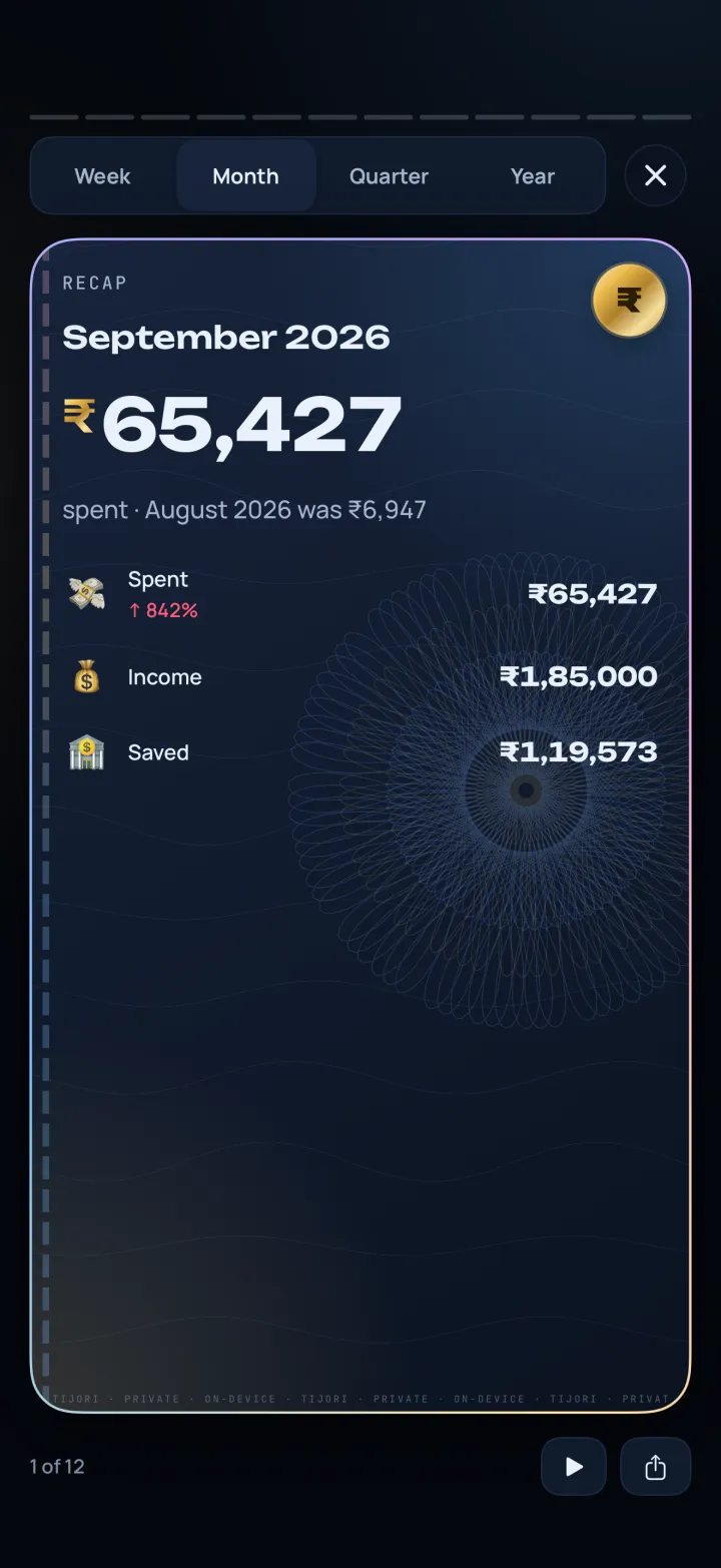 Recap: the first card of the September 2026 monthly recap, with spent, income and saved